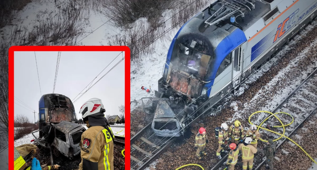 Zdjęcie auto utknęło na torach w miejscowości Błonie. Ewakuowano około 300 pasażerów