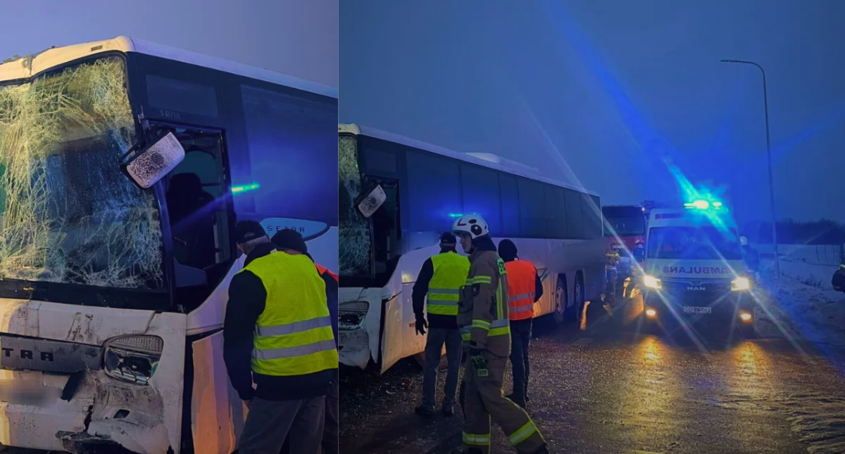 Zderzenie autobusów pracowniczych przy trasie S7. Są ranni, służby pracują na miejscu