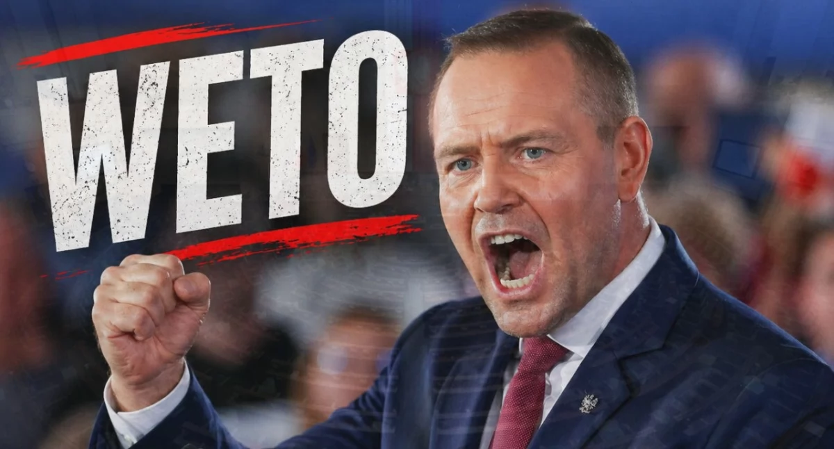 Prezydent Karol Nawrocki podczas ogłoszenia weta wobec ustawy o rozwodzie pozasądowym w Polsce