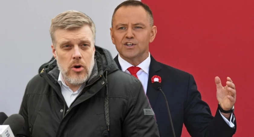 Adrian Zandberg, lider partii Razem, podczas konferencji prasowej w Toruniu komentuje wniosek referendalny prezydenta Nawrockiego ws. polityki klimatycznej UE