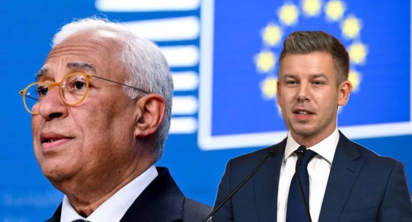 Szef Rady Europejskiej Antonio Costa na konferencji prasowej w Brukseli — komentuje wybór Petera Magyara na premiera Węgier i zapowiada gotowość UE do współpracy z nowym rządem, Dzień Europy 9 maja 2025
