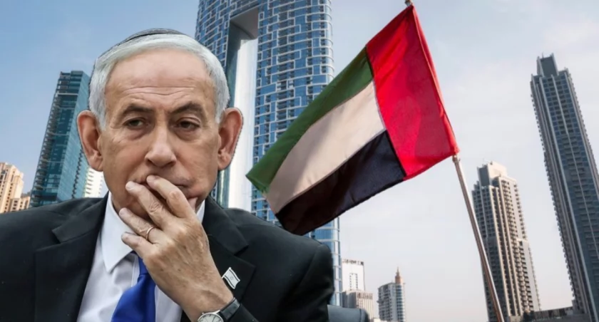 Flaga Zjednoczonych Emiratów Arabskich i Netanjahu. Porozumienia Abrahamowe, normalizacja stosunków 2020, tajny sojusz wojskowy podczas wojny z Iranem