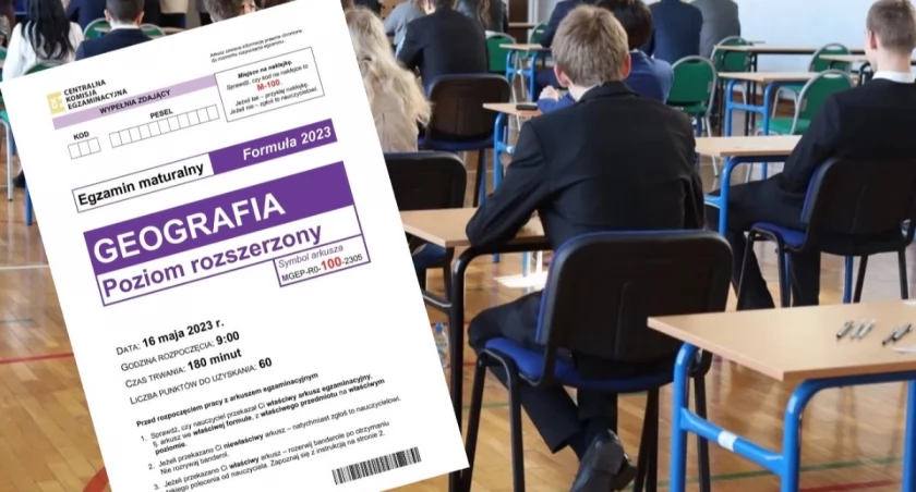 Maturzyści podczas egzaminu pisemnego z geografii w 2026 roku – sala egzaminacyjna, uczniowie przy stolikach
