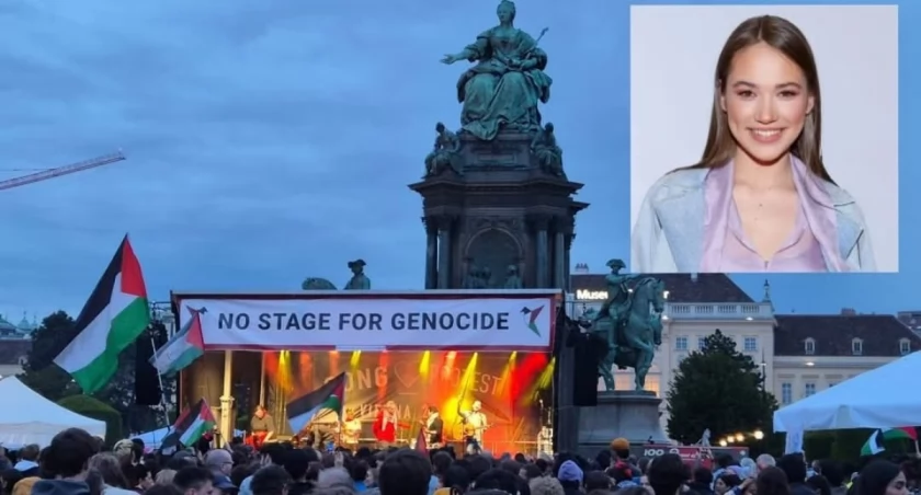  Protestujący z propalestyńskimi transparentami na ulicach Wiednia przed finałem Eurowizji 2026, 16 maja 2026.