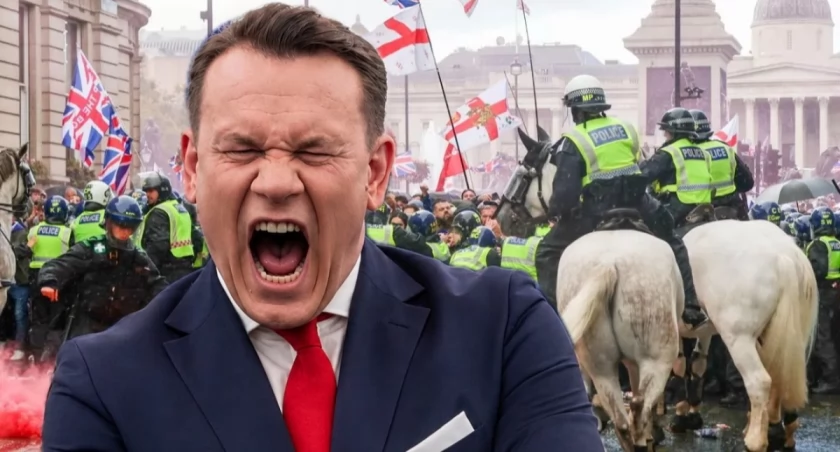 Europoseł PiS Dominik Tarczyński przemawiający przez łącze wideo na telebimie podczas prawicowego wiecu Tommyego Robinsona na Parliament Square w Londynie — polityk, któremu odmówiono wjazdu do Wielkiej Brytanii, pojawił się zdalnie przed tłumem demonstrantów.