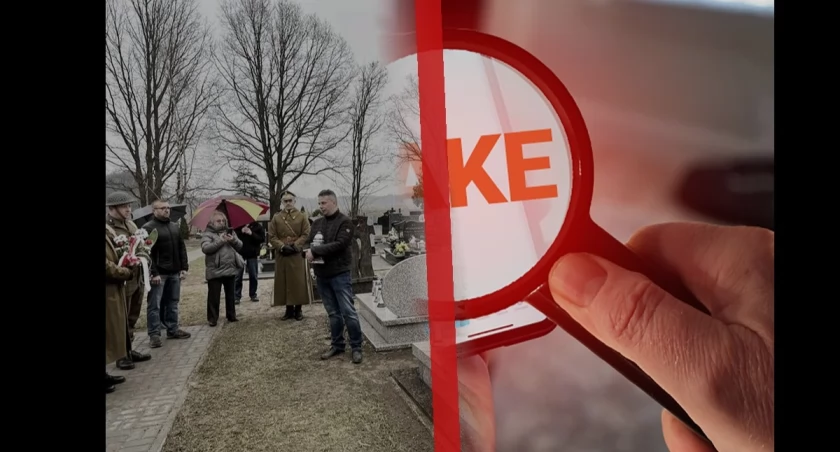 Grób Antoniego Niewęgłowskiego – weterana bitwy pod Monte Cassino na Cmentarzu Grabiszyńskim we Wrocławiu, obok grafika symbolizująca dezinformację i fake news w mediach społecznościowych