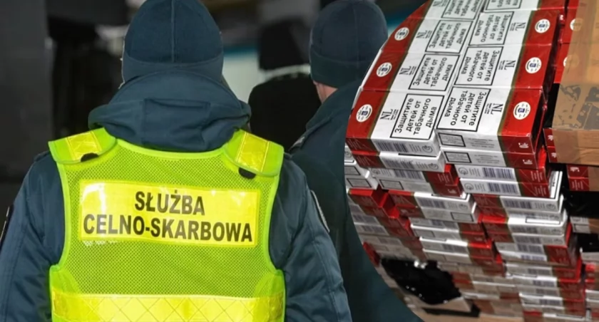 Funkcjonariusze KAS przy przejętych paczkach papierosów – magazyn przemytu tytoniowego odkryty w gminie Łuków województwo lubelskie, 580 tysięcy paczek maj 2026