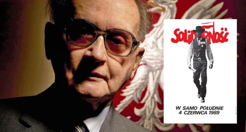 Dwie twarze przełomu 1989 roku. Wojciech Jaruzelski: przywódca PRL oraz legendarny plakat wyborczy Solidarności pt. W samo południe, który wzywał Polaków do udziału w głosowaniu 4 czerwca