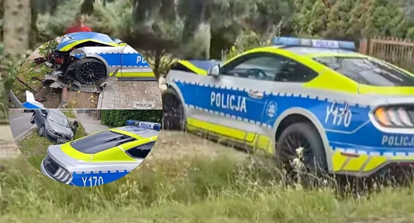 Policyjny Ford Mustang GT zakończył interwencję na ogrodzeniu posesji w Milejowicach. Policja uznała kierującą Volkswagenem Golfem za sprawczynię kolizji i ukarała ją mandatem w wysokości 2 tys. zł.