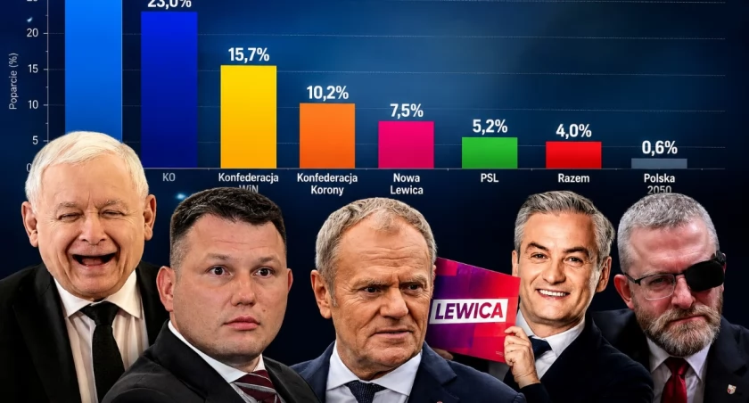 Wykres przedstawiający wyniki sondażu poparcia partii politycznych w Polsce w lipcu 2026 roku