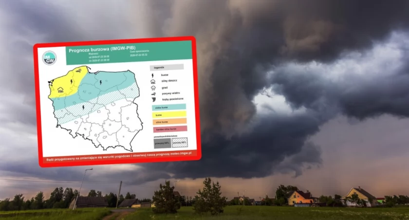 Ciemne burzowe chmury nad polskim wybrzeżem, gdzie IMGW ostrzega przed możliwością wystąpienia trąb wodnych i silnych burz