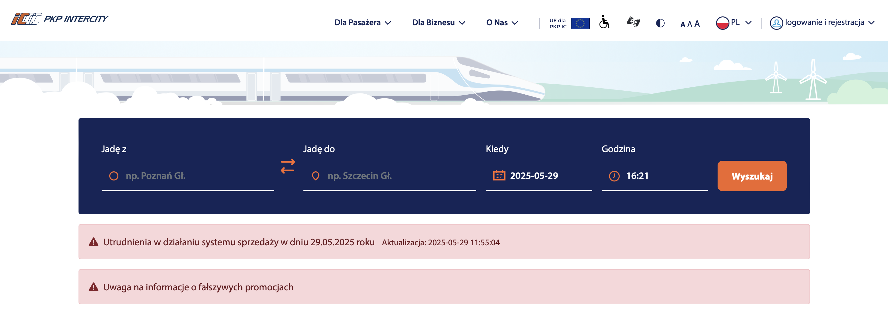 Nie działa sprzedaż biletów na pociągi PKP Intercity 