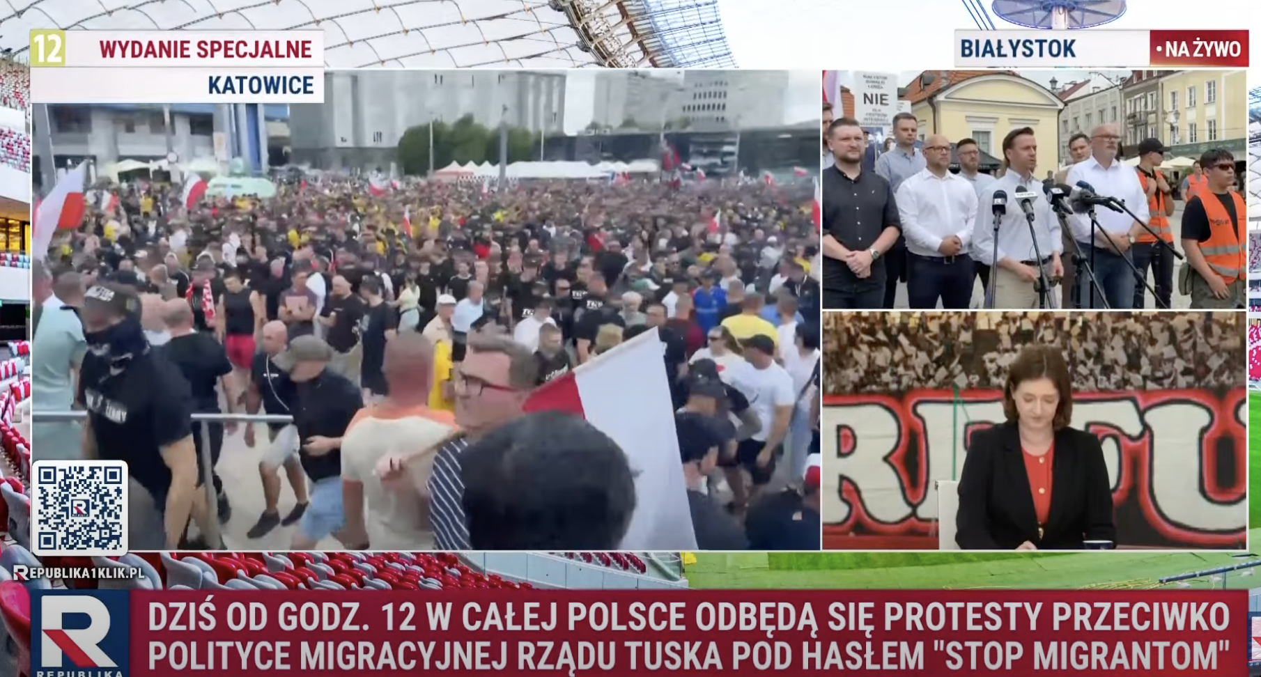 Relacja propagandowej telewizji Republika z marszów przeciwko imigracji 
