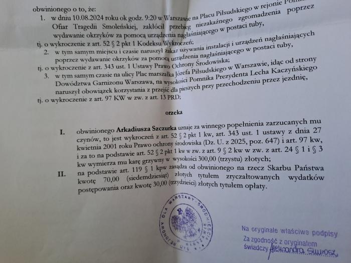 Wyrok nakazowy Arkadiusza Szczurka za udział protest przeciwko miesięcznicy smoleńskiej 