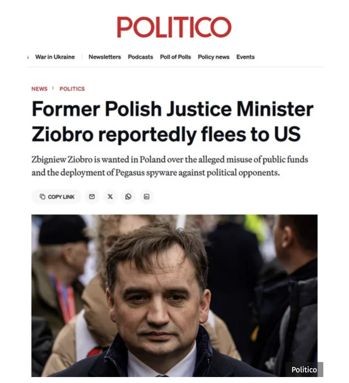 Portal Politico pisze o ucieczce Zbigniewa Ziobry z Węgier do USA